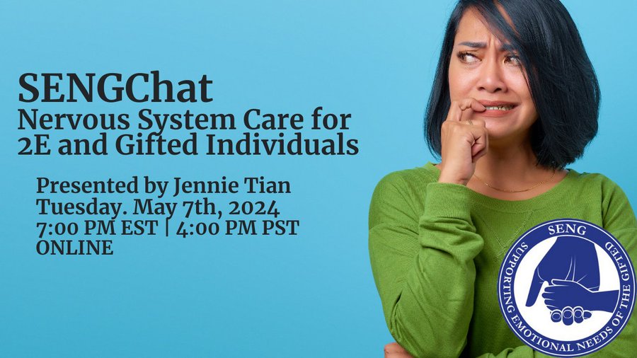 Our next SENGChat is TOMORROW! Join Jennie Tian for 'Nervous System Care for 2E and Gifted Individuals.' Learn more and register here: ow.ly/hby250Ro58Q