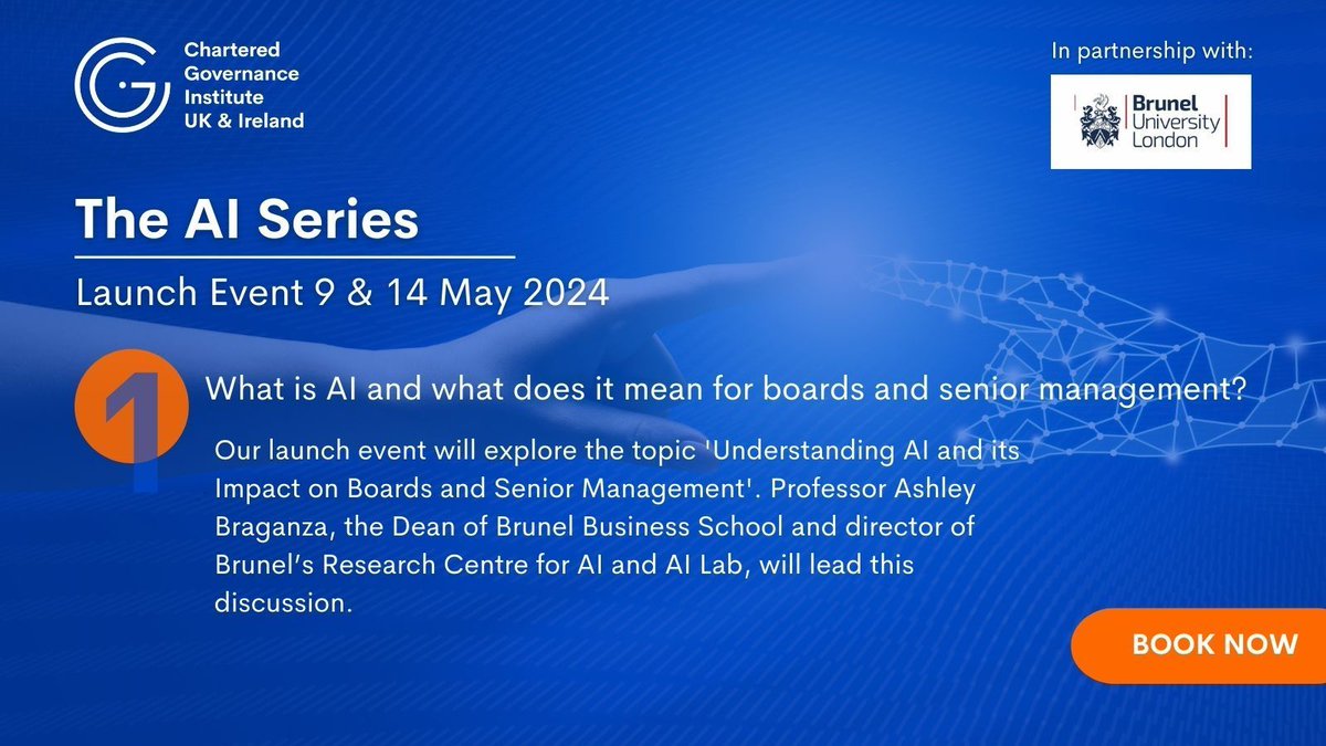 Join us for the first event in our AI Series Brunel University. The in-person event on 9 May will be at The Chartered Governance Institute’s offices. If you can't attend in person, join the webinar on 14 May. Book your spot here: buff.ly/3WktXhX #CGIUKI #AISeries