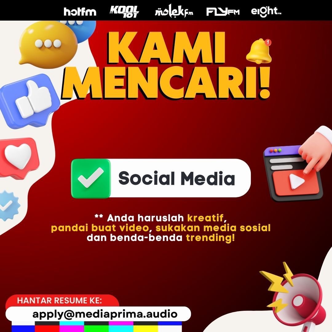 Anda mahir dalam mengendalikan social media? 📲 Media Prima Audio sedang mencari Social Media Coordinator. Yang penting, anda haruslah kreatif, pandai buat video, sukakan media sosial dan benda benda trending! Hantar Resume ke apply@mediaprima.audio sekarang! 🙌🏻 #Kool101