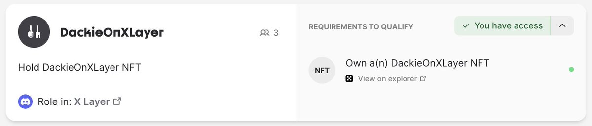 Dackie community 🤝 X Layer community

You can also get role #DackieOnXLayer on @XLayerOfficial discord server
👉 Discord: discord.gg/xlayer
👉 Guildxyz: guild.xyz/xlayer/claim-y…