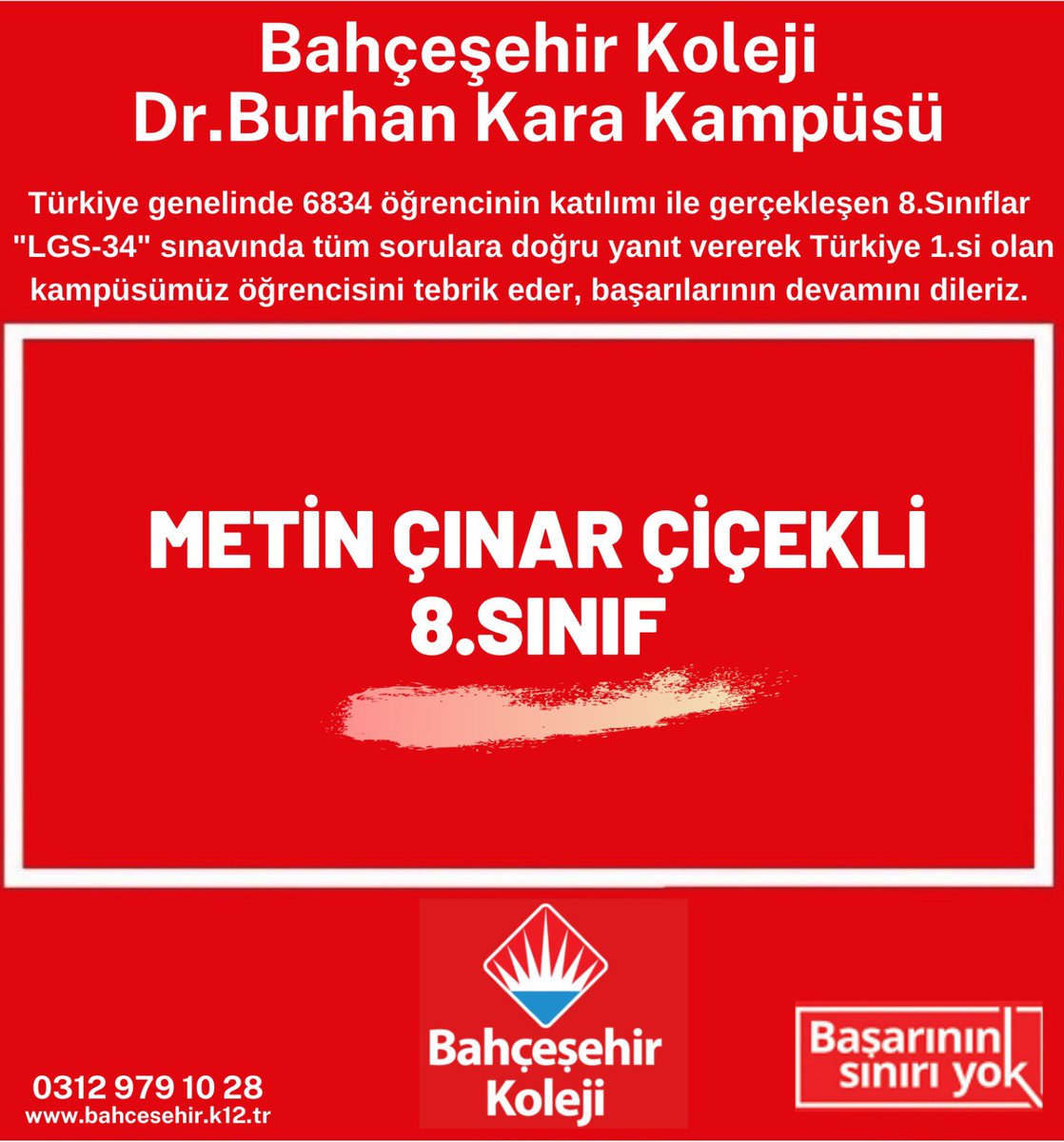 🎯Türkiye genelinde 6834 öğrencinin katılımı ile gerçekleşen 8.sınıflar “LGS-34” sınavında tüm sorulara doğru yanıt vererek Türkiye 1.si olan kampüsümüz öğrencisini tebrik eder, başarılarının devamını dileriz.❤️💙 #heranımdabahçeşehir #sırasende