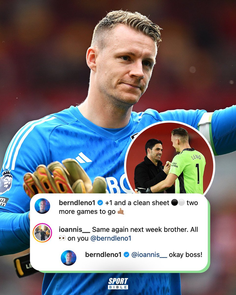 Former Arsenal goalkeeper Bernd Leno agreed with a fan to keep a clean sheet against Manchester City when they face Fulham next Saturday 👀😅

A clean sheet would keep his former club Arsenal at the top of the table with only two games remaining 😲📈