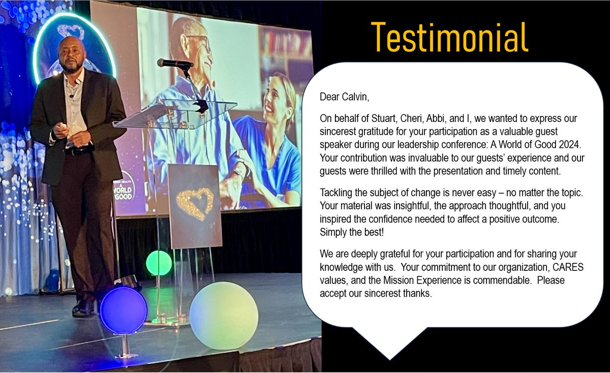 Mission Health Communities, thank you for having me back for a second time to serve as your keynote speaker for your 2024 “A World of Good” Leadership Conference! 🌍 

#seniorcare #assistedliving #leadership #healthcare #keynotespeaker #residentexperience #patientexperience