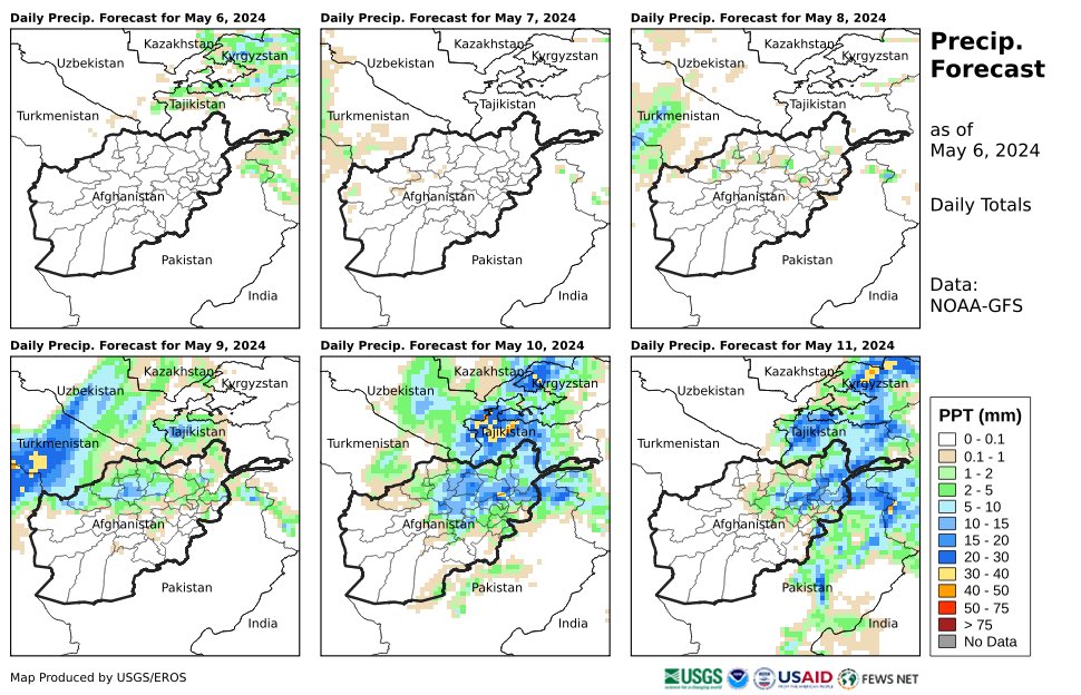 More #rainfall is forecasted for #Afghanistan in the coming days. This time north & north-eastern regions are likely to receive up to 20mm/day rainfalls from 09.05 to 11.05.2024. These rainfalls are very essential for rain-fed wheat cultivation in northern plains of Afg.
