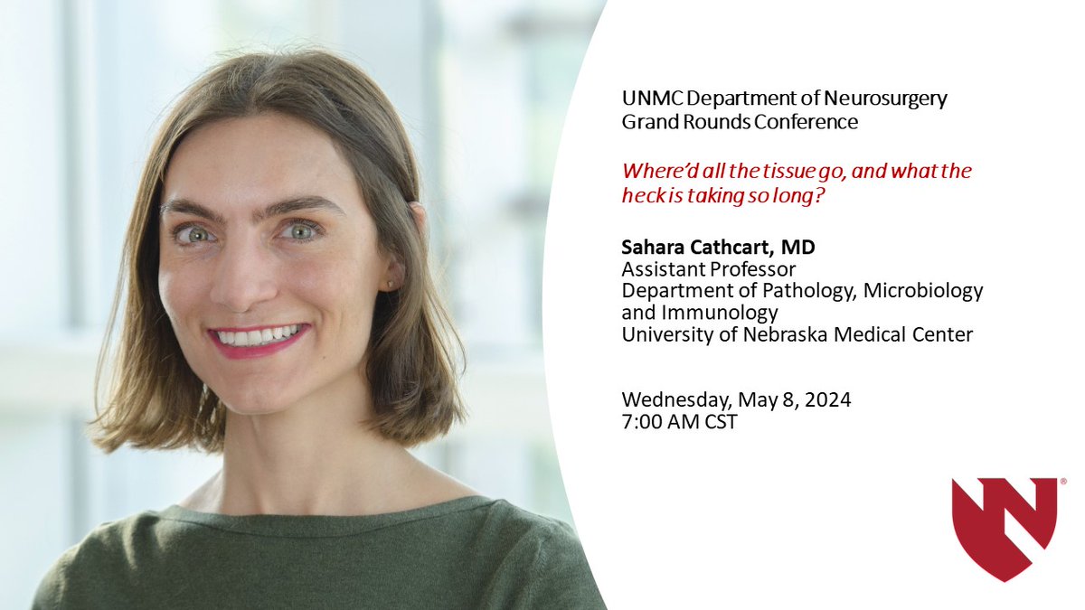 Please join us Wednesday, May 8, 2024 at 7AM CST as we welcome Dr. Sahara Cathcart as our guest speaker for @UNMC #Neurosurgery Grand Rounds! Email kdevney@unmc.edu to receive a Zoom link to join! #MedTwitter @UNMC_PathMicro @UNMCCOM @NebraskaMed