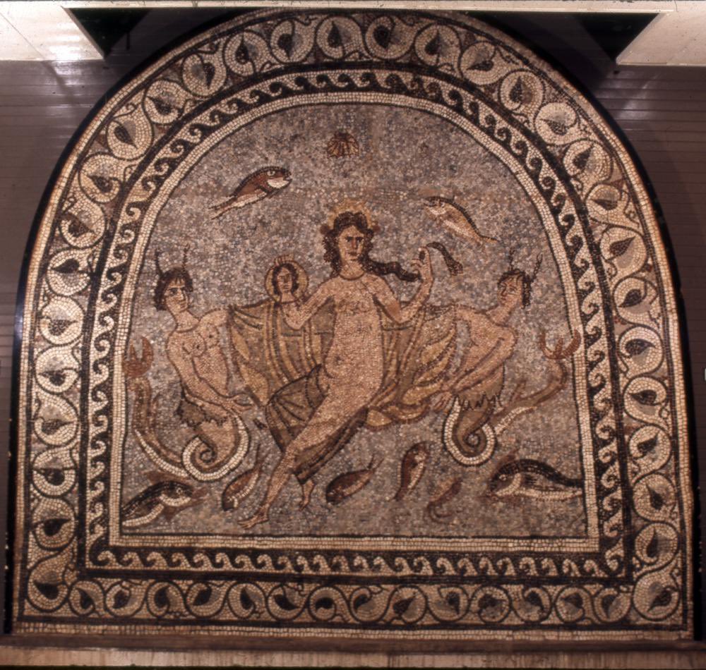 #mosaicmonday late Roman (4th century) stone mosaic depicting venus holding a circular mirror and surrounded by tritons.