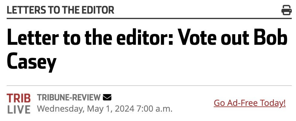 “If you do not enjoy high prices at the gas pump and grocery store and you are sick of the endless parade of illegal immigrants invading our country each day... vote Sen. Robert Casey out of office.” Agreed, August! 💯 triblive.com/opinion/letter…