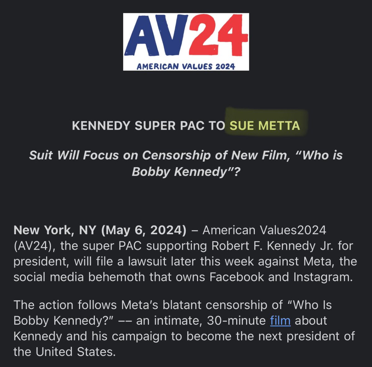 Pro-RFK Jr. PAC says it will sue “Metta” for shadowbanning a campaign-related video.