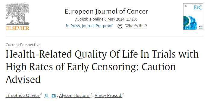 Out today in EJC, with Alyson Haslam and @VPrasadMDMPH ❗️👇 We explored the reliability of quality of life (QoL) results when a lot of patients quit a trial. authors.elsevier.com/sd/article/S09… 1/6 🧵