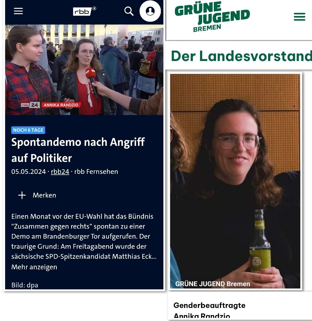 Die vom RBB nach dem Angriff auf #MatthiasEcke bei der Spontandemo 'Zusammen gegen Rechts' am Brandenburger Tor interviewte Demonstrantin ist Genderbeauftragte der Grünen Jugend Bremen. #ReformOerr #OerrBlog