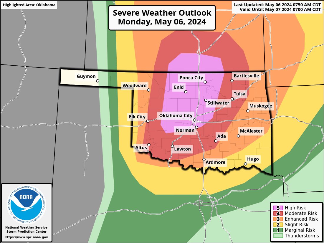 A High (level 5 of 5) risk is now out for parts of Oklahoma and Kansas for significant severe weather expected later today. A severe weather outbreak is expected with multiple strong, long-tracked tornadoes. #okwx #kswx