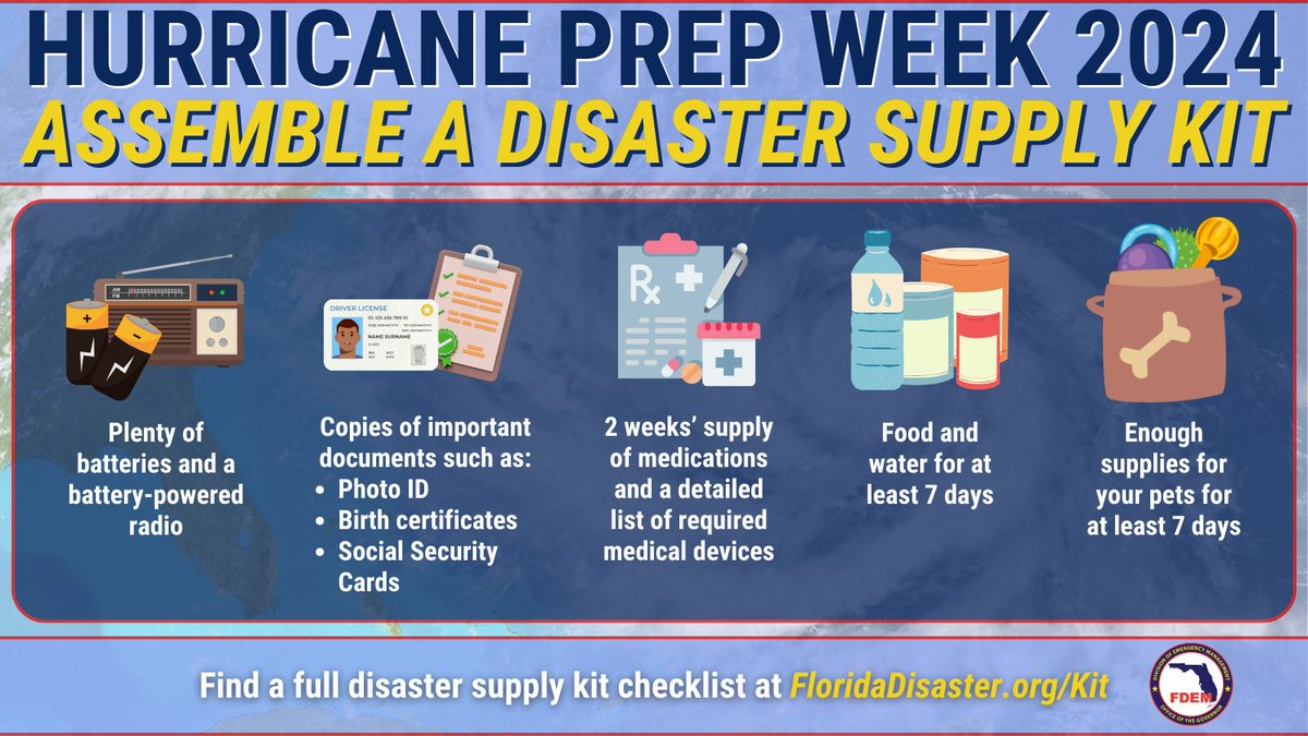 During #HurricanePreparednessWeek, stock your disaster supply kit w/ at least 7 days of supplies:
🐶 Pet supplies
🥫 Nonperishable food & water
🔋 Batteries
Locate important docs, including insurance policies & contacts. FloridaDisaster.org/Kit 
#MakeAPlan #HurricanePrep