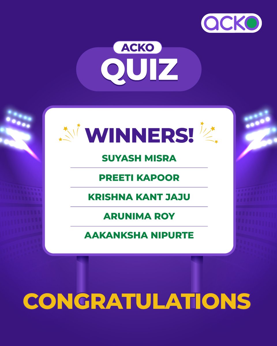 Congratulations to the champions of the ACKO Quiz for their outstanding performance! 🏏 Enjoy the victory and the free match tickets. 😎 Huge thanks to all the participants! Download the ACKO app now to play ACKO Cricket Mania contest and stand a chance to win official team…