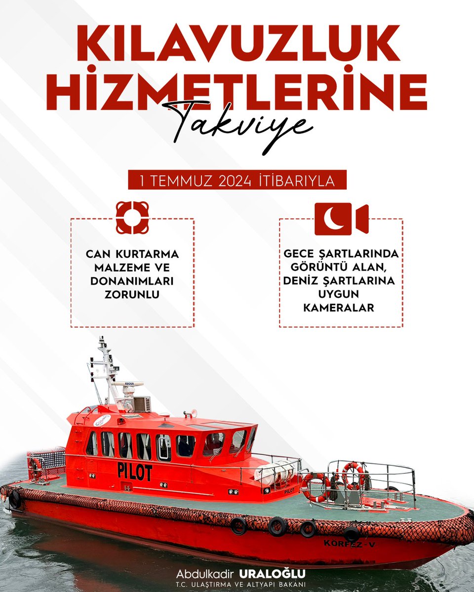 Denizlerimizde yaşanan kazalara kılavuzluk hizmeti yapan gemilerin ve kılavuz kaptanların güvenliğini daha da artırıyoruz!⚓🌊 🛳️1 Temmuzda yürürlüğe girecek olan 'Gemilere Verilen Kılavuzluk Hizmetleri Emniyeti Yönergesi'ni hazırladık. 🛳️Kılavuz botlarımız kameralar ile…