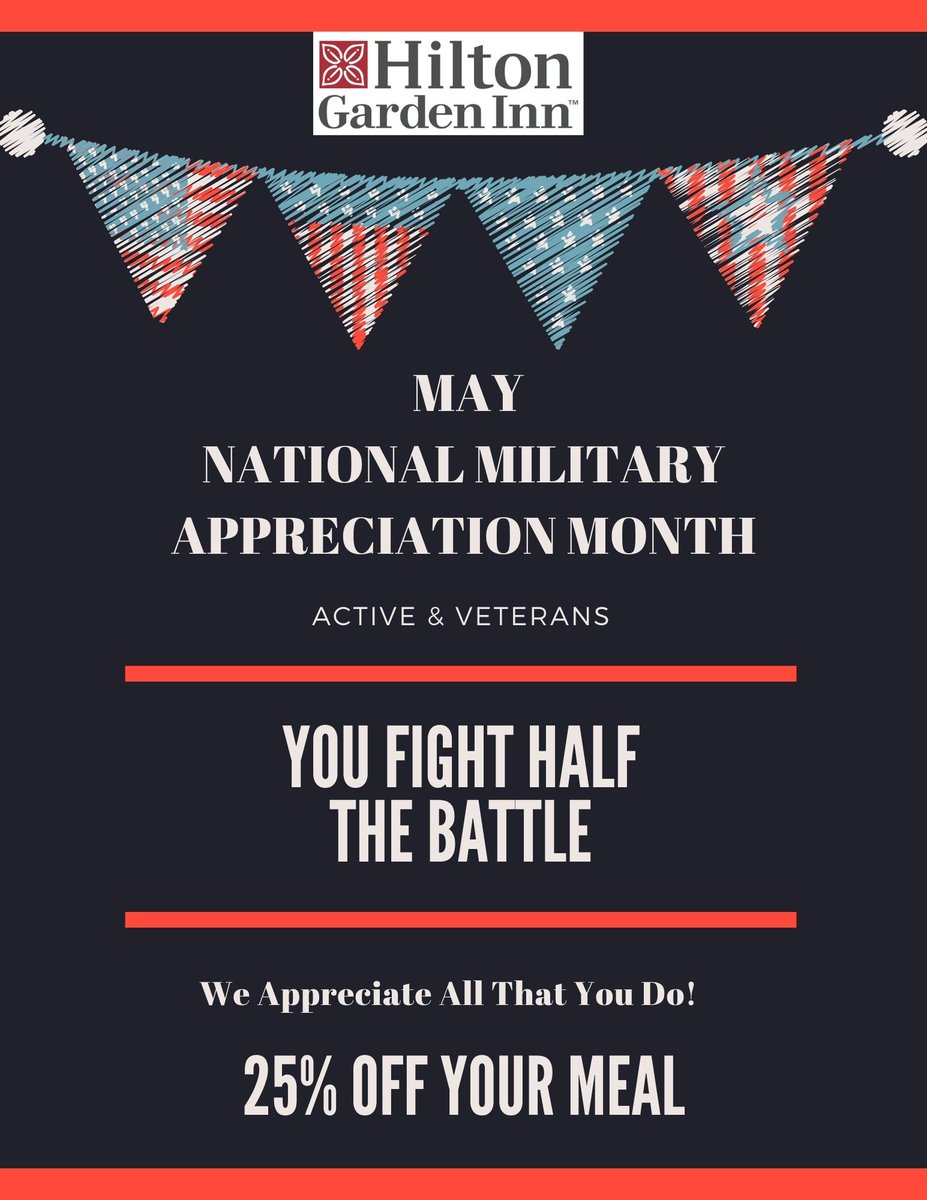 May is National Military Appreciation Month. Come on over and get 25% off your meal.
#gardengrillepascagoulahilton #veteran #soldier
#thankyouforyourservice