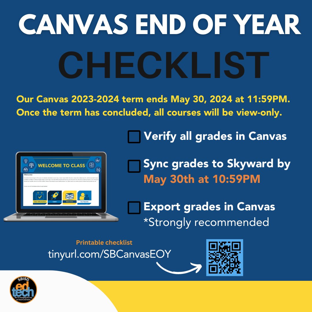 SBISD EdTech (@sbisdedtech) on Twitter photo 📢 Reminder: Complete the Canvas End of Year Checklist by May 30th. <a href="/SBISD/">Spring Branch ISD</a>
Learn more here: 📷tinyurl.com/SBCanvasEOY #SBISDCanvas #SBISDEdtech 📢 Reminder: Complete the Canvas End of Year Checklist by May 30th. <a href="/SBISD/">Spring Branch ISD</a>
Learn more here: 📷tinyurl.com/SBCanvasEOY #SBISDCanvas #SBISDEdtech