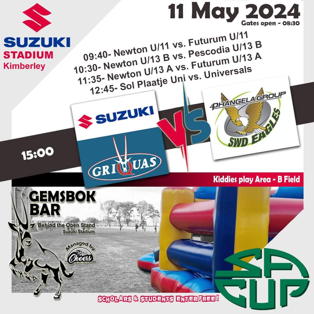 🔵 Suzuki Griquas vs. SWD Eagles 🗓 11 May 2024 📌 Suzuki Stadium Kby 🎟 Scholars & students - free! R50 - adult Tickets - gates or ticketpros.co.za 🪅 Kiddies play area 🍻 Gemsbok Bar #letsplayrugby #sacup #suzukigriquas #experiencenortherncape #somuchmoretofeel