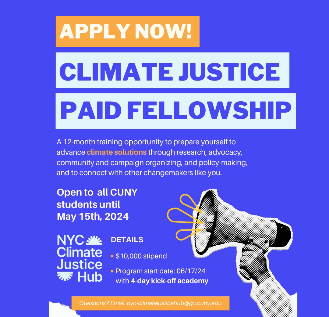 APPLY BY MAY 15th! CUNY students interested in advancing climate justice should all apply to this PAID internship! A 10k stipend to work with @nyc_cjh, a partnership between @NYCEJAlliance and @CUNY. Apply here! tinyurl.com/27382kpz