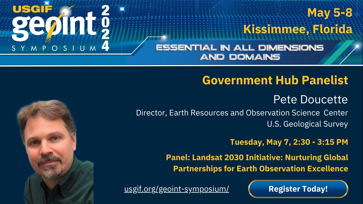 EROS Director Pete Doucette will speak this week at the GEOINT 2024 Symposium, a national gathering of geospatial intelligence professionals. Doucette is on a Landsat 2030 Initiative panel with NASA, NOAA and Geoscience Australia. More info here: ow.ly/83ag50Rxf1s