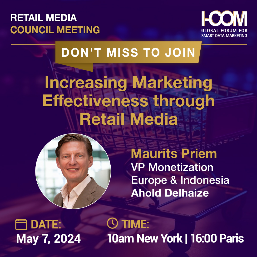 Don't miss to join Maurits Priem from @AholdDelhaize where he shares insights on 'Increasing Marketing Effectiveness Through #RetailMedia' at the upcoming #ICOMGlobal Retail Media Council Meeting on May 7th.

Sign up here -  i-com.org/working-groups…

#SmartData #Marketing