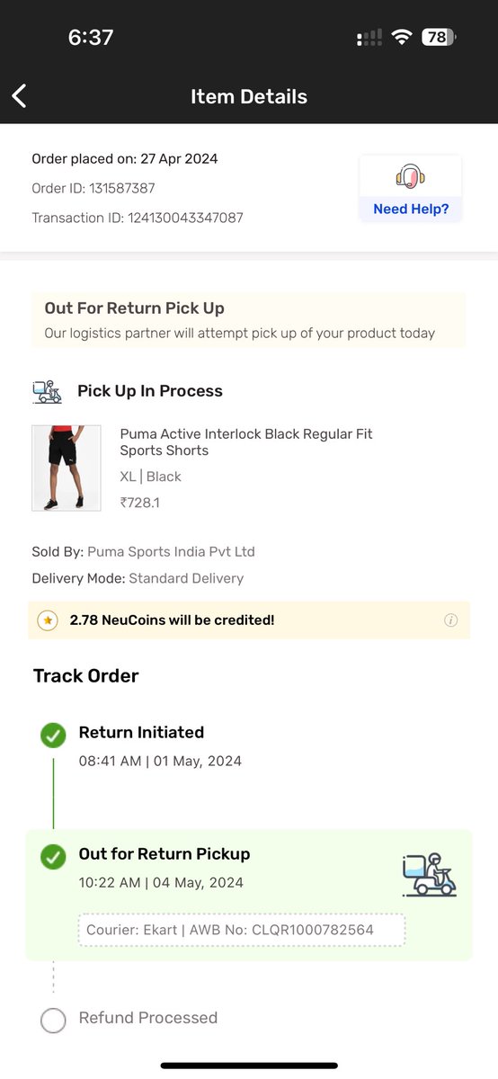 Hi @TataCLiQCare @TataCLiQ I had placed a return and the item is picked up too but it is not getting updated in the app. Kindly help here. Ekart logistics has picked up the item on 4th. The pickup guy yesterday said that it will get updated yesterday but it is still not updated