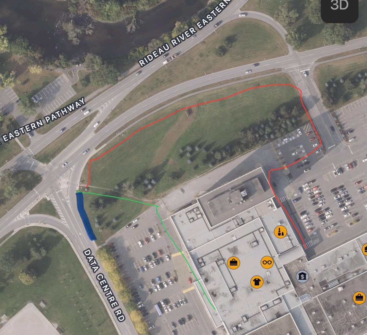 Desire line is strong here. Even if they finished the little bit of sidewalk (in blue) to get to the lot vs going through the dirt. Or, make the desire line real. #ottWalk #ottRoll