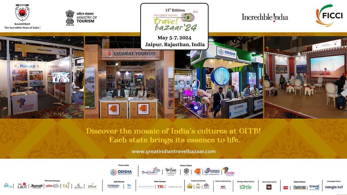 Experience the kaleidoscope of India's diversity at GITB! Explore the unique flavors and traditions from every state. 🌏🎉

@LPTIJ @BOTT_Tweets @travelturtlemag @tourismgoi @ficci_india @my_rajasthan @incredibleindia @RajGovOfficial @odisha_tourism