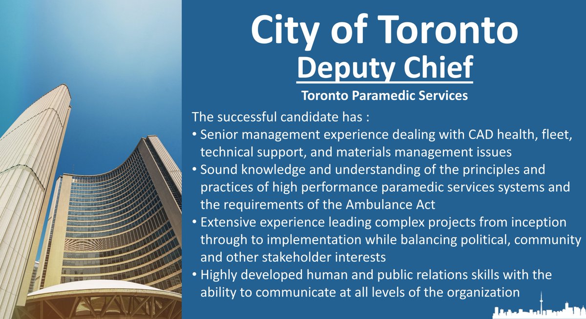 Toronto Paramedic Services is recruiting for two (2) Deputy Chiefs to lead several areas of operations as well as develop and implement programs and sound management procedures. Review details and apply here jobs.toronto.ca/jobsatcity/job…