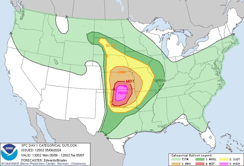 BradArnoldWX's tweet photo. I have a sick feeling that today is going to be a day that folks in this area are going to talk about for many many years. SPC has pulled the trigger on the very rare high risk. I’m begging everyone if you live in the threat area, please take today seriously and have multiple ways to get warnings. Extremely dangerous day setting up!