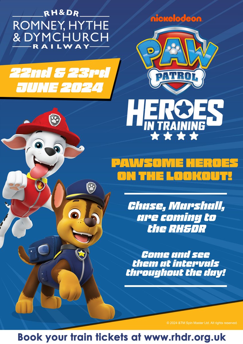 Great news Marshall and Chase from Paw Patrol are coming to the RH&DR on the weekend of 22/23rd June. Tickets are on sale on our website now rhdr.org.uk. VIP tickets include return journey from Hythe to New Romney and an opportunity to meet our special visitors.