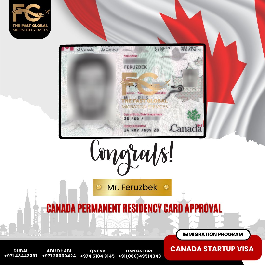 We are thrilled to share the fantastic news that our esteemed client, Mr. Feruzbek, has officially received approval for his Canada Permanent Residency card! 🎉🇨🇦

#FastGlobalMigration #CanadaPR #StartupVisa #SuccessStories #NewBeginnings #ImmigrationSuccess #canadaprcard