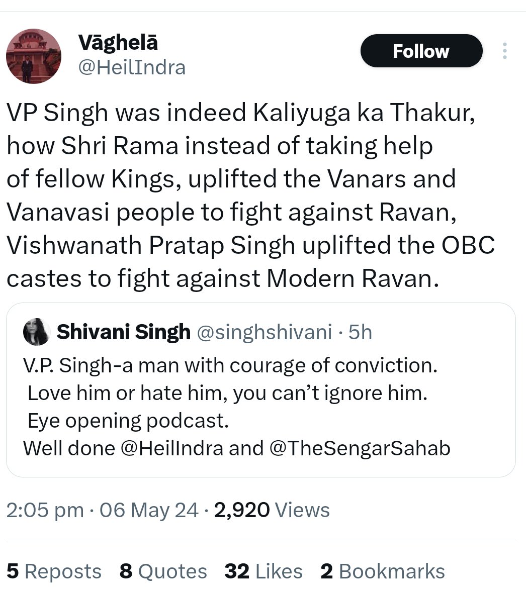 So those who got reservations from Vishvanath sing are called Vanaras here.
Ravan is the priestly class or practicing Hindus. 

VP is called a Ram.

What an analogy.