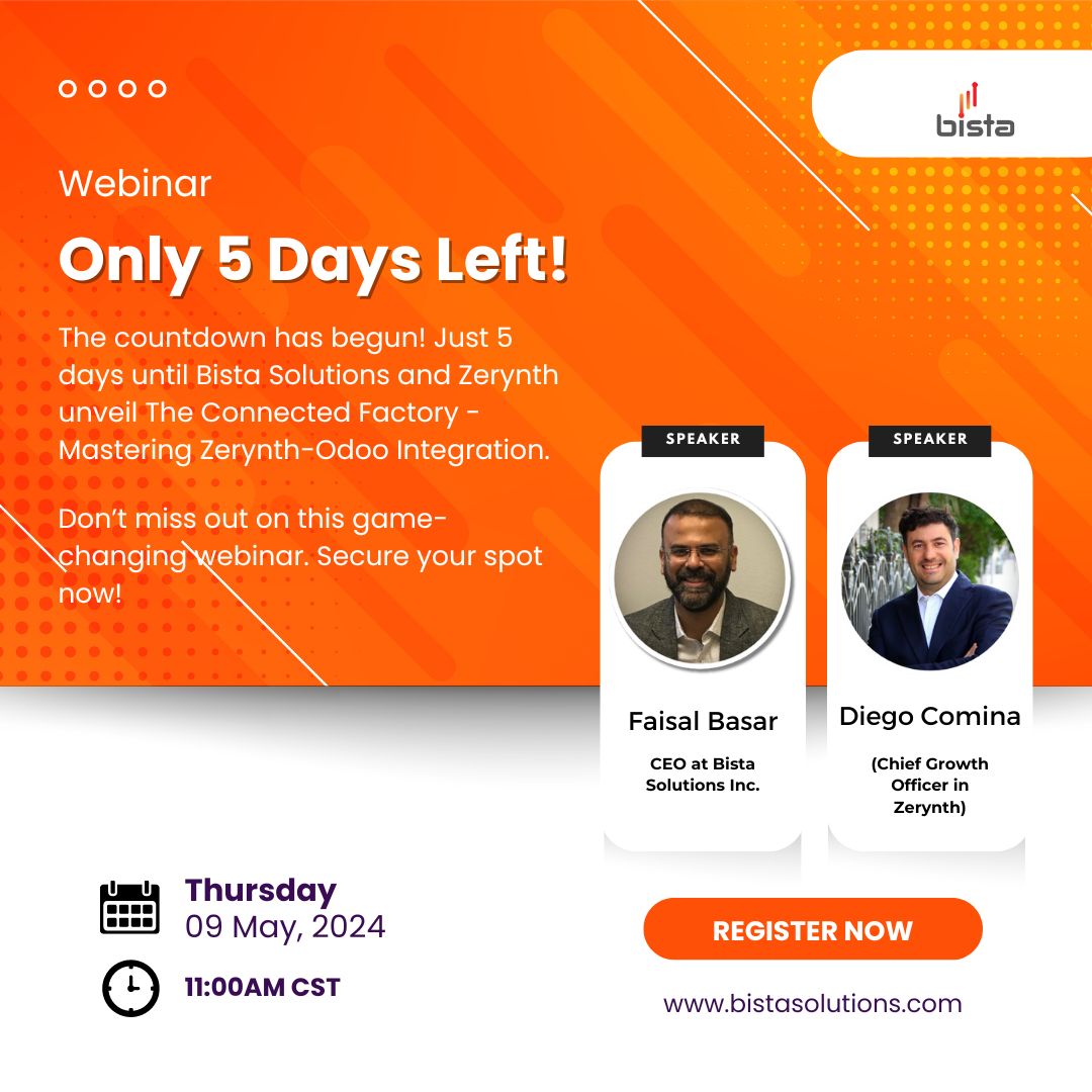 Hurry! Only 5 days left to register! bistasolutions.com/resources/webi…

#IndustrialAutomation #IoT #ERP #Webinar #ZerynthOdooIntegration #ManufacturingExcellence #Manufacturing #IndustrialRepair #Odoo