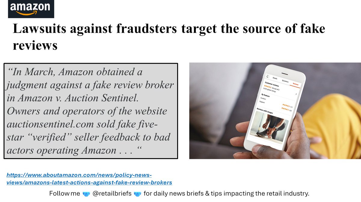 🩲Amazon press release:
Amazon wins lawsuit against fake review broker

'Amazon has zero tolerance for fake reviews and is committed to ensuring reviews remain a trustworthy, insightful resource for customers.'
#retail #ecommerce #retailinnovation 

aboutamazon.com/news/policy-ne…