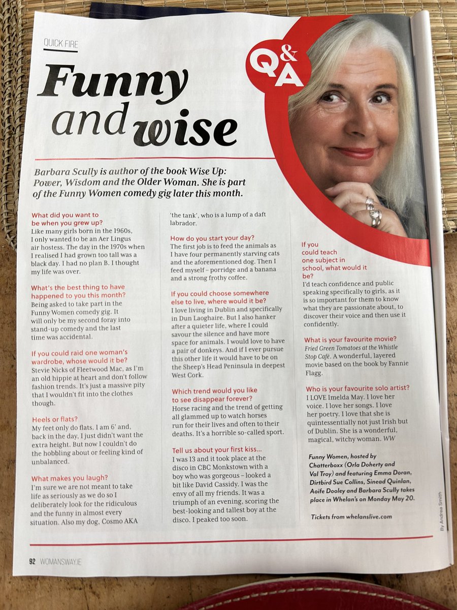 Thank you @AndreaMarySmith for asking me some quick fire questions in the current edition of #WomansWay. And mentioning #FunnyWomen which is happening in TWO WEEKS 😳 There are still some tickets available from @whelanslive It’ll be a great night.