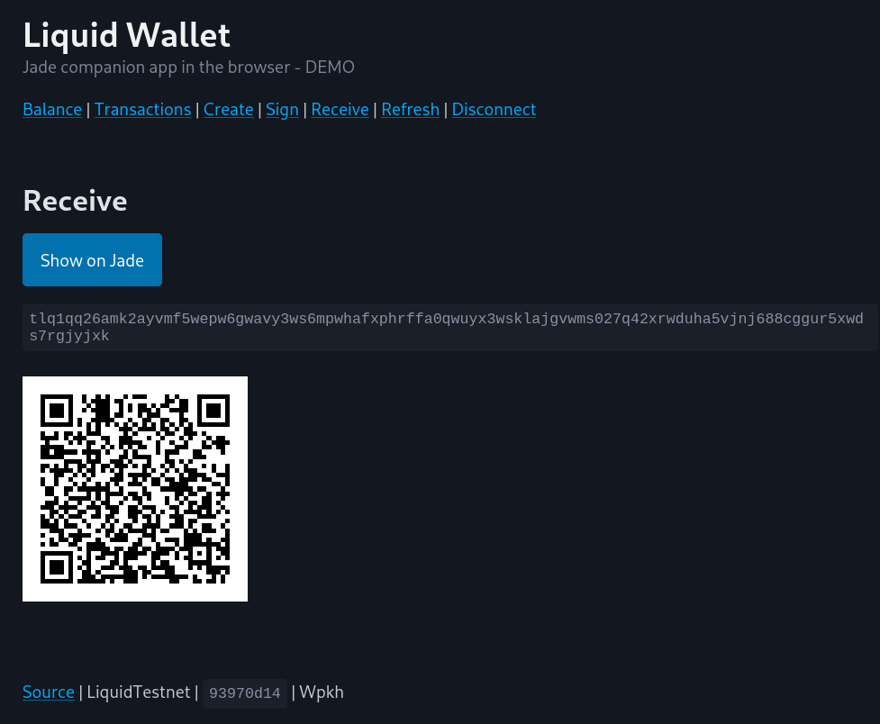 Demo/experimental @BlockstreamJade companion app for @Liquid_BTC running in the browser with LWK wasm. Link in reply