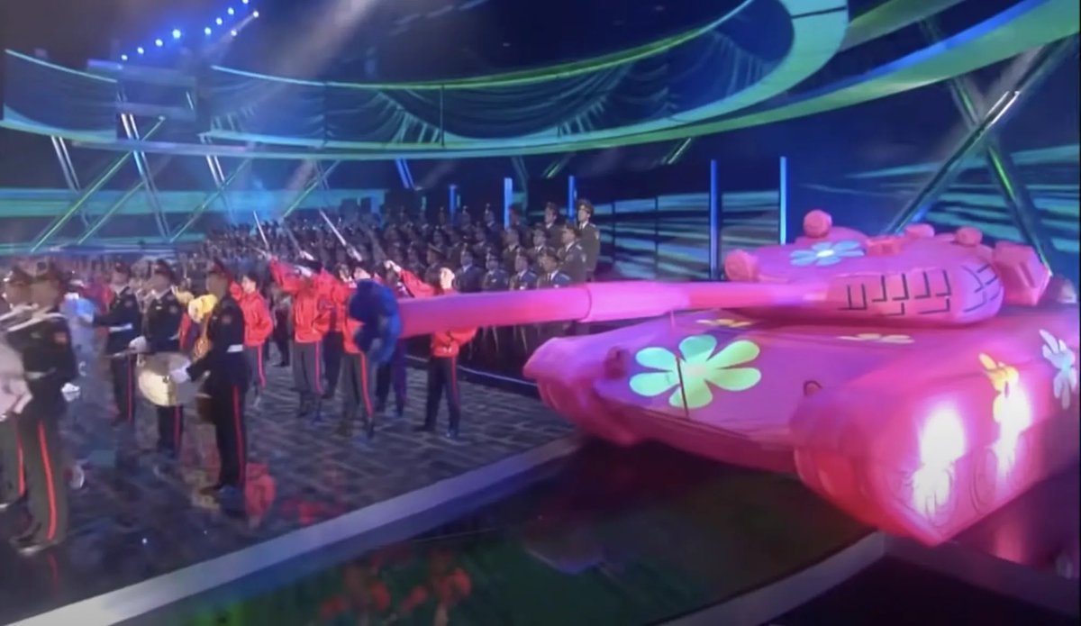 Reminder how right after invading, slaughtering and bombing Georgia in 2008, Russia hosted Eurovision and performed “Not gonna get us” with an army choir and a pink tank