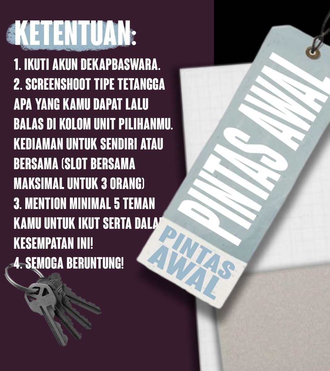 DekapBaswara's tweet image. ㅤ
𝙋𝙄𝙉𝙏𝘼𝙎 𝘼𝙒𝘼𝙇 𝘽𝙀𝙍𝙃𝘼𝘿𝙄𝘼𝙃 2 𝙐𝙉𝙄𝙏 𝙍𝙐𝙈𝘼𝙃.

Khusus untuk kamu yang ingin menetap bersama kami melalui pintas awal, kami membuka 2 unit rumah secara cuma-cuma untukmu. Akan kami buka hingga May, pada Rabu malam jam 8 WIB.
ㅤ