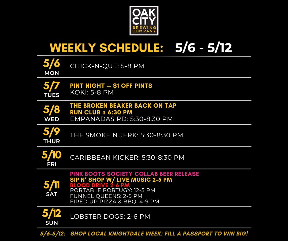 The schedule for the week, cheers! 🍻
.
𝗗𝗼𝗻'𝘁 𝗺𝗶𝘀𝘀 𝗼𝘂𝘁:
- Pink Boots Release Sip n' Shop w/ live music from 2-5 PM🛍️🎶💕🍻
- Blood Drive at OCBC: donate.thebloodconnection.org/donor/schedule…
.
#OakCityBrews #foodtrucks #knightdale #craftbeer #ncbeer #collabbeer #livemusic #sipnshop
