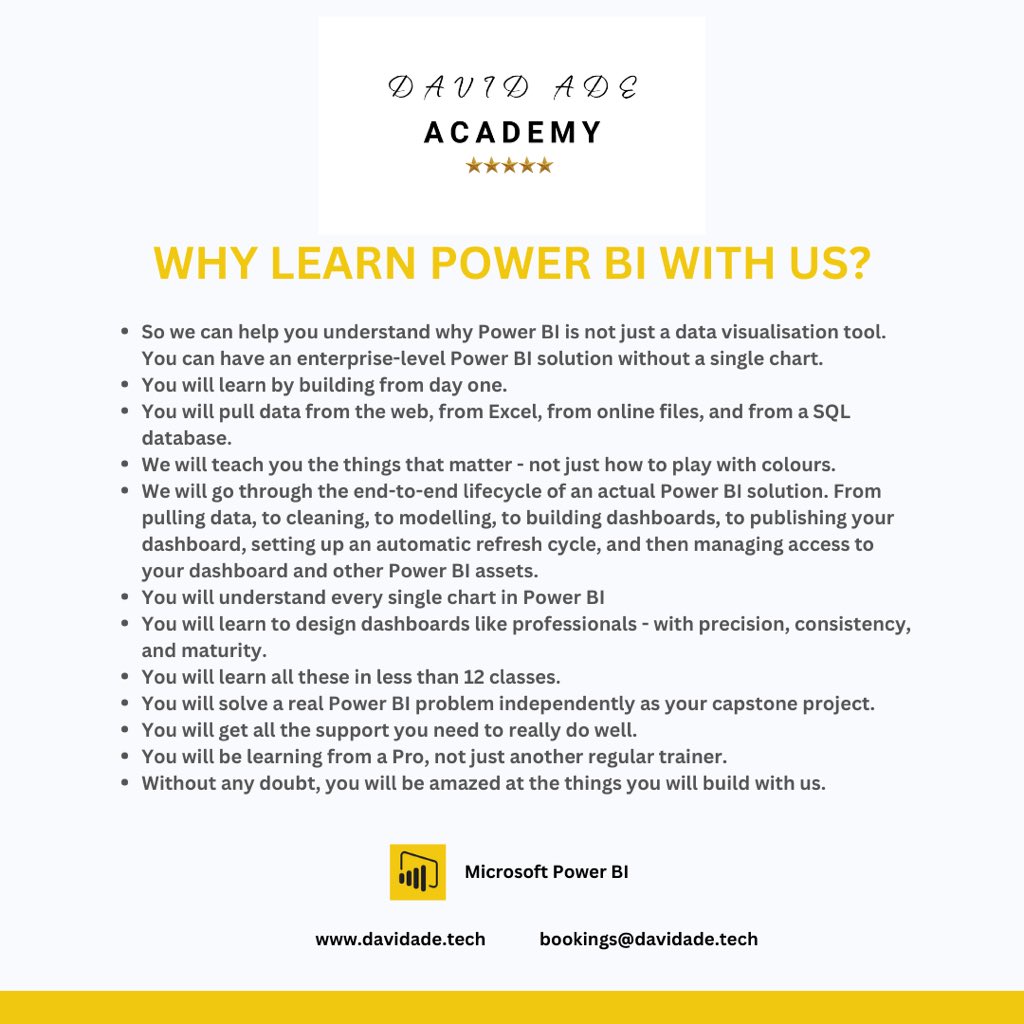 Become a competent data analyst.

Register for our upcoming Microsoft Power Bi bootcamp.

#DavidAdeAcademy
#dataanalysis 
#powerbi
#microsoftpowerbi
#dataanalytics 
#dataanalyst

Link:  davidade.tech/courses-and-se…
