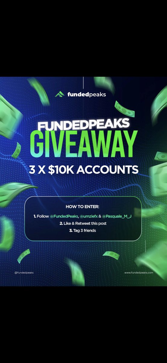 Running a  @FundedPeaks GIVEAWAY, 
3 x $10K accounts.🚀🚀 

How To Enter: 
1. Follow @FundedPeaks, @Pasquale_M_J & @umziefx
2. Like & Retweet this post.
3. Tag 3 friends.