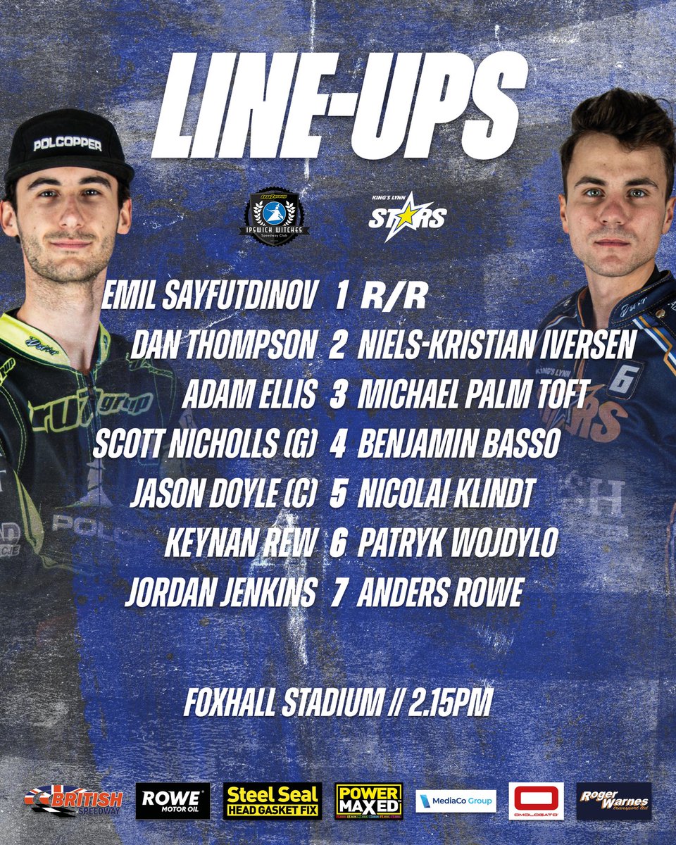 📝 𝗟𝗜𝗡𝗘-𝗨𝗣𝗦 | #IPSKLY 🏁 East Anglian rivals Ipswich and King’s Lynn meet for the first time this season today in a big afternoon fixture at Foxhall. 📲 Preview 👉 bit.ly/IPSvKLY #⃣ #britishspeedway🇬🇧