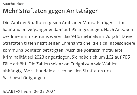 #SKK20240506 #SAARTEXT Die Zahl der #Straftaten gegen Amtsoder Mandatsträger ist im #Saarland  im vergangenen Jahr auf 95 angestiegen. | #Saarbrücken #Amtsträger #Mandatsträger #Ehrenamtliche #Kriminalität