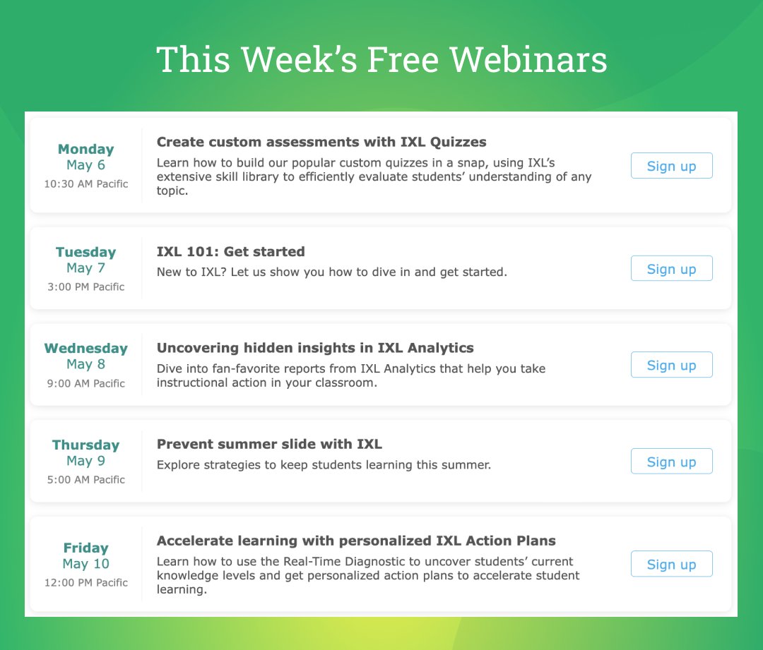 We will cover these 5 topics ⬇️ this week in our complimentary webinars. Make sure you sign up here: bit.ly/ixlwebinars