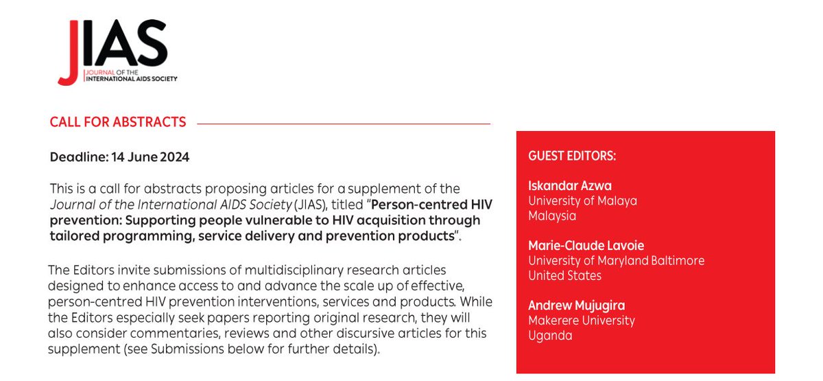 📣 @jiasociety is calling for #abstracts for a new supplement on person-centred #HIV prevention! ☑️ Find out more now and submit your abstract by 14 June: bit.ly/3UMRhns