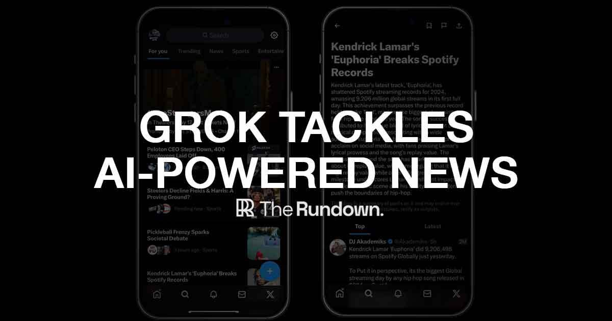 Top stories in AI today: -Elon Musk unveils AI-powered news -Country star sings again with AI -How to use ChatGPT's new ‘Memory’ feature -LLM agent writes code to train robots -5 new AI tools & 4 new AI jobs Read more: therundown.ai/p/grok-tackles…