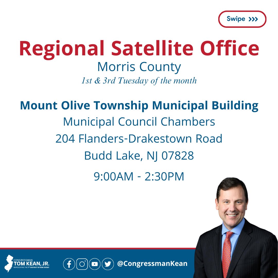 Tomorrow, my district office will be hosting Satellite Office Hours in Mount Olive. Come meet us with any constituent casework matters we can help with such as passport renewals, obtaining VA benefits, accessing IRS funds, and more.