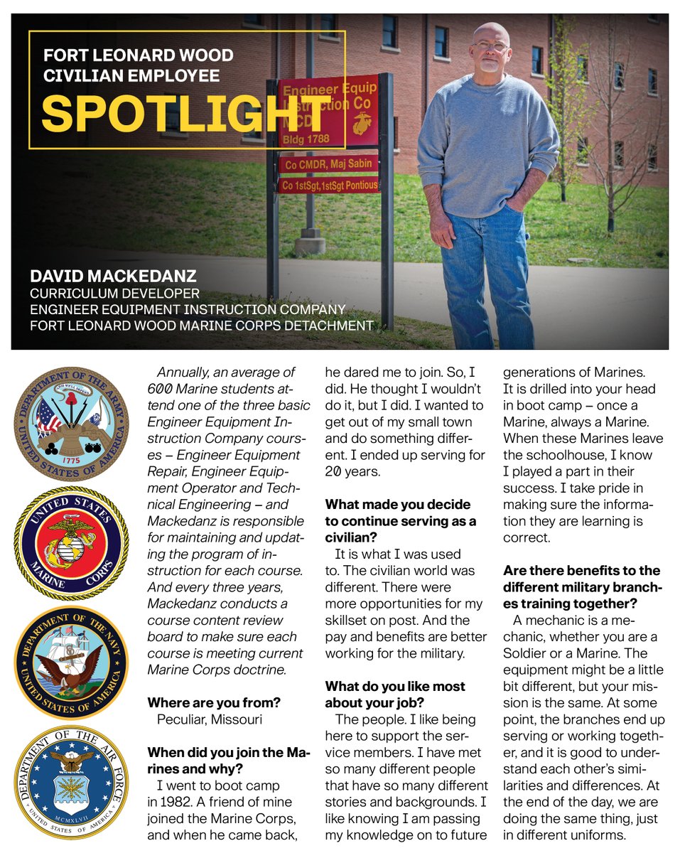 #FortLeonardWood Service Member #Spotlight: David Mackedanz is the curriculum developer for the Engineer Equipment Instruction Company at the Fort Leonard Wood Marine Corps Detachment.