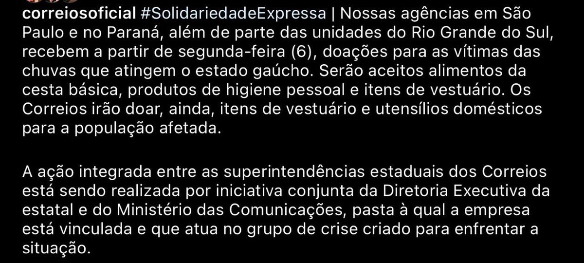 A partir de hoje, os correios vão enviar GRATUITAMENTE doações para o Rio Grande do Sul! Em todas as agências de SP e PR. colchões (inclusive infláveis), travesseiro, toalha de banho, cobertores, itens de higiene pessoal, fraldas infantis e geriátricas, absorventes, ração para…