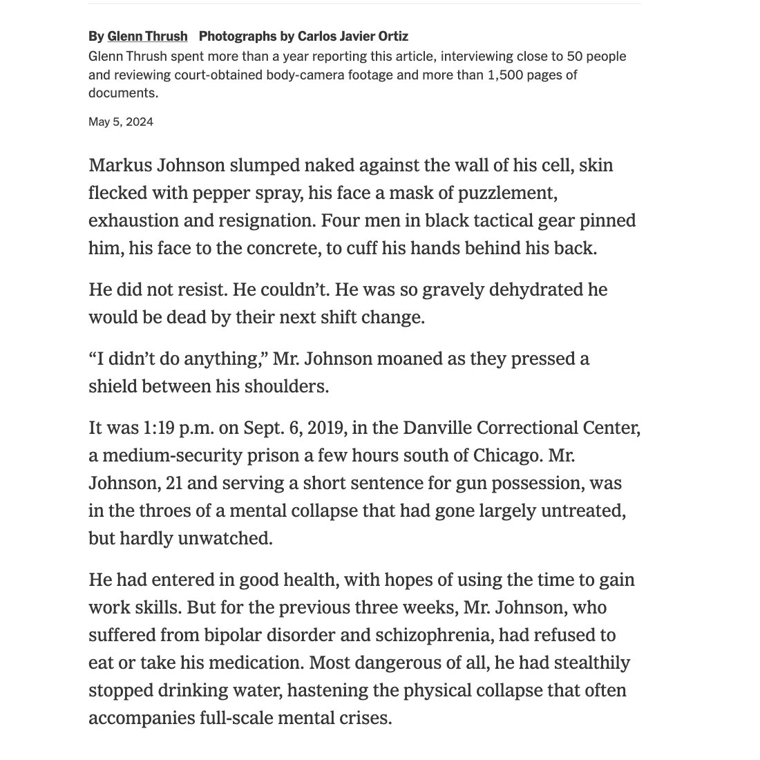 Read @GlennThrush on the mental health crisis in America's prison system, which is now the 'largest provider of inpatient mental health treatment, with 10 times as many seriously mentally ill people now held behind bars as in hospitals.' nytimes.com/2024/05/05/us/…